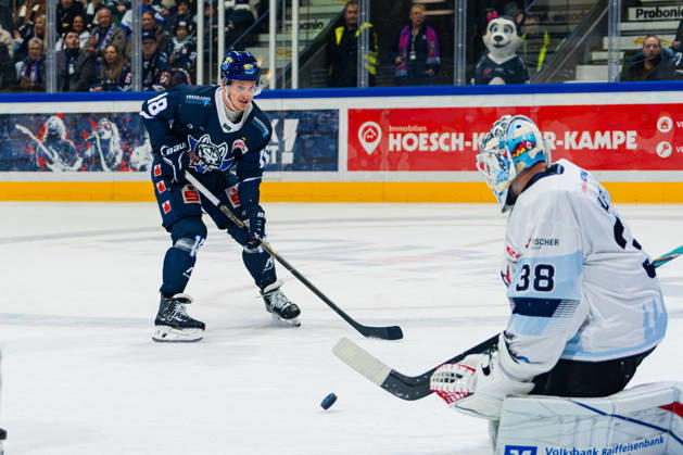 Kassel, Deutschland 22. Oktober 2026: DEL2 - 2026 2027 - Sp. 11 - Kassel Huskies gegen Blue Devils Weiden Im Bild: v. li. im Zweikampf Laurin Braun (ECK) und Torhüter Kristian Hufsky (BDW) Probonio Arena Hessen Copyright: xFotostandx xKruczynskix