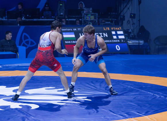 October 24, 2026, Astana, 2021 World Wrestling Championshi, Kazakhstan: Uzbekistan s Doniyorkhon Nakibov red competes against Finland s Jonni Kunnari Sarkkinen blue in the men s Greco-Roman 77kg competition at the Senior World Wrestling Championships in Astana, Kazakhstan, on October 24, 2026. Nakibov won the bout 7-2. . Astana Kazakhstan - ZUMAt172 20261024_zip_t172_001 Copyright: xJosexTabaresx Astana Kazakhstan - ZUMA0870 imago0870573415h Copyright: xIMAGO JosexTabaresx