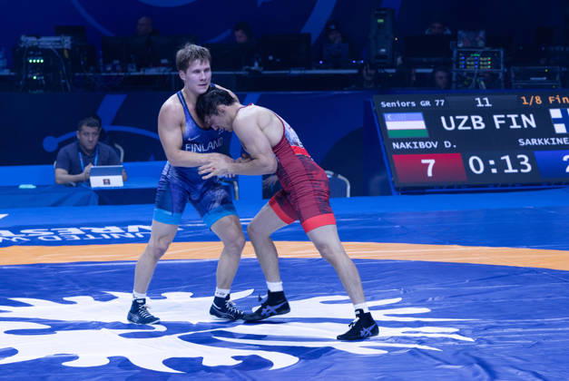 October 24, 2026, Astana, 2021 World Wrestling Championshi, Kazakhstan: Uzbekistan s Doniyorkhon Nakibov red competes against Finland s Jonni Kunnari Sarkkinen blue in the men s Greco-Roman 77kg competition at the Senior World Wrestling Championships in Astana, Kazakhstan, on October 24, 2026. Nakibov won the bout 7-2. . Astana Kazakhstan - ZUMAt172 20261024_zip_t172_003 Copyright: xJosexTabaresx Astana Kazakhstan - ZUMA0870 imago0870573479h Copyright: xIMAGO JosexTabaresx