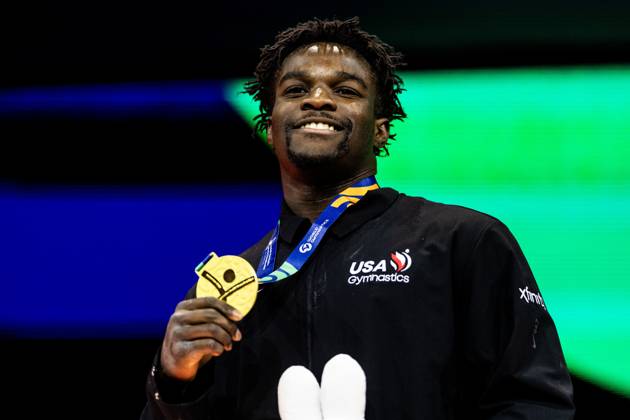 ROTTERDAM - Winner Frederick Richard (USA) during the medal ceremony of the floor apparatus final at the World Gymnastics Championships in Rotterdam Ahoy. IRIS VAN DEN BROEK ANP xVIxANPxSportx xxANPxIVx 573471094 originalFilename: 573471094.jpg