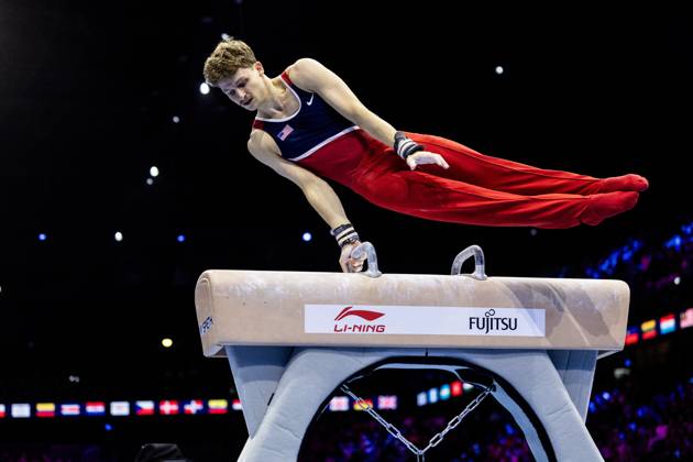 ROTTERDAM - Patrick Hoopes (USA) during the vault apparatus final at the World Gymnastics Championships in Rotterdam Ahoy. IRIS VAN DEN BROEK ANP xVIxANPxSportx xxANPxIVx 573473833 originalFilename: 573473833.jpg