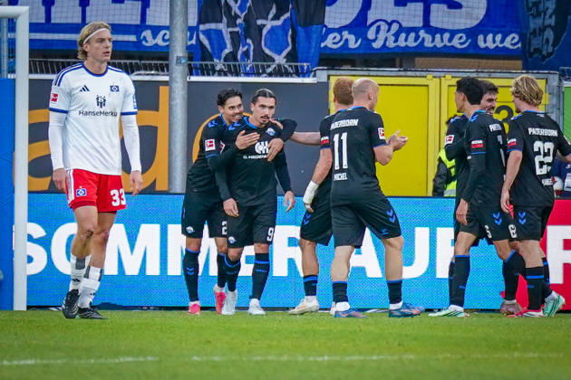 Deutschland: Fussball Bundesliga 2026 - 2027, 7. Spieltag - SC Paderborn vs Hamburger SV - Home-Deluxe-Arena (Paderborn): Tor und Torjubel zum 1:0 durch Rayan Philippe (Paderborn 9) Freude, Emotionen, Jubel Copyright: xJOERANxSTEINSIEKx