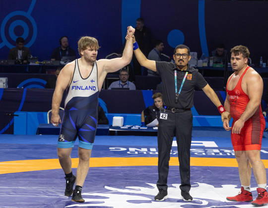 October 25, 2026, Astana, 2021 World Wrestling Championshi, Kazakhstan: MATTI ELIAS KUOSMANEN of Finland competes in the men s Greco-Roman 130kg quarterfinals at the Senior World Wrestling Championships in Astana, Kazakhstan, October 25, 2026. . Astana Kazakhstan - ZUMAt172 20261025_zip_t172_011 Copyright: xJosexTabaresx