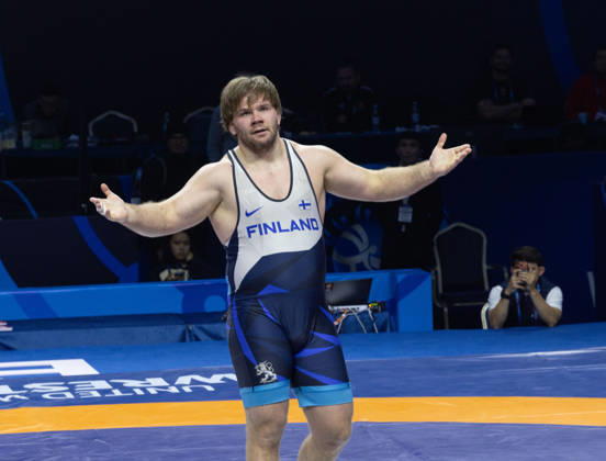 October 25, 2026, Astana, 2021 World Wrestling Championshi, Kazakhstan: MATTI ELIAS KUOSMANEN of Finland competes in the men s Greco-Roman 130kg quarterfinals at the Senior World Wrestling Championships in Astana, Kazakhstan, October 25, 2026. . Astana Kazakhstan - ZUMAt172 20261025_zip_t172_009 Copyright: xJosexTabaresx