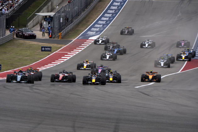 Italian Formula One driver Andrea Kimi Antonelli of Mercedes-AMG Petronas leads the pack into turn one on lap one of the Formula One United States Grand Prix at the Circuit of the Americas in Austin, Texas on Sunday, October 25, 2026.  AUS2026102523 GREGxNASH