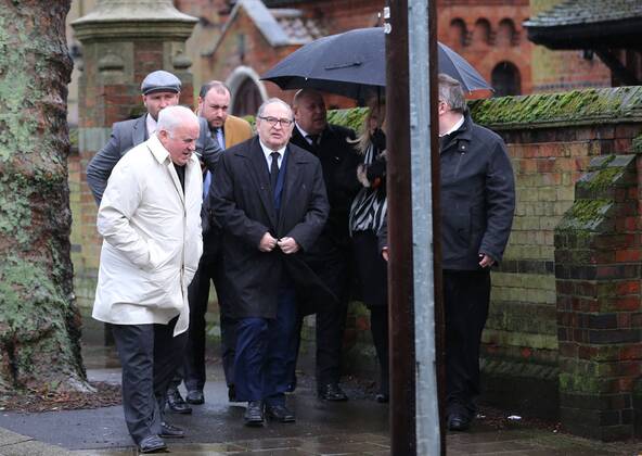 (Centre with black tie) Freddie Foreman arrives at the Crematorium for the funeral of Ronnie Biggs . The Great Train Robber Ronnie Biggs funeral at Golders Green Crematorium, London, United Kingdom, Biggs, who died last month aged 84, is finally laid to rest. He was a member of the 1963 Great Train Robbery. Friday, 3rd January 2014. Picture by Stephen Lock i-Images StephenxLockx xi-Images  IIM-1167-0025