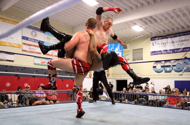 October 15, 2016 - Oceanside, California, USA - 10 15 2016_Oceanside, CA_SoCal Pro Wrestling s Rumble in Oceanside event at the Oceanside Boys & Girls Club gymnasium. Tag-team PBR (Partying, Brawlin , and Rasslin ) body slam an opponent._Photo by Oceanside USA - ZUMAn47_