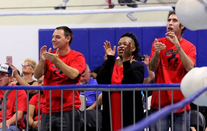 October 15, 2016 - Oceanside, California, USA - 10 15 2016_Oceanside, CA_SoCal Pro Wrestling s Rumble in Oceanside event at the Oceanside Boys & Girls Club gymnasium. Fans cheer the action. Middle is longtime fan Mona Ripley._Photo by Oceanside USA - ZUMAn47_