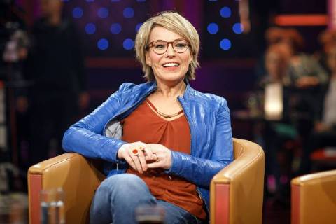 MDR - Riverboat. Moderatorin Andrea Ballschuh anläßlich der Aufzeichnung der MDR - Talkshow Riverboat am 23.02.2018 im Studio 3 der Mediacity Leipzig.