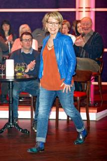 MDR - Riverboat. Moderatorin Andrea Ballschuh anläßlich der Aufzeichnung der MDR - Talkshow Riverboat am 23.02.2018 im Studio 3 der Mediacity Leipzig.