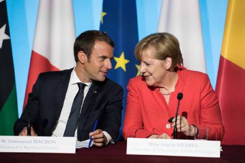 French President Emmanuel Macron, and German Chancellor Angela Merkel, attend a joint press conference on August 28, 2017 at the presidential Elysee palace in Paris. Copyright: xCHRISTOPHExMORINx