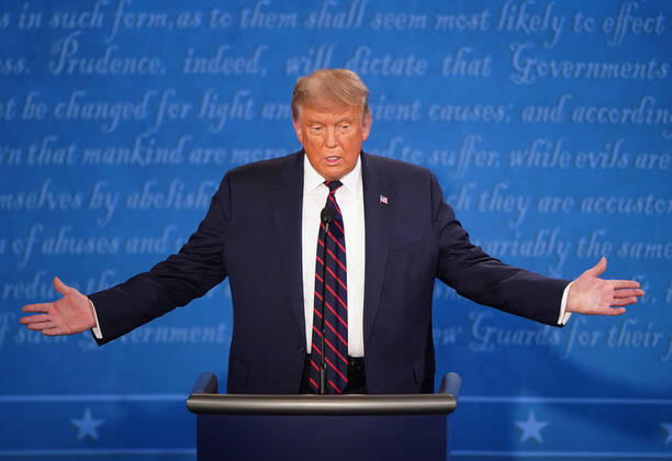 President Donald Trump speaks during the first of three scheduled 90 minute presidential debates with Democratic presidential nominee Joe Biden, in Cleveland, Ohio, on Tuesday, September 29, 2020. Copyright: xKevinxDietschx xPoolxviaxCNPx MediaPunchx