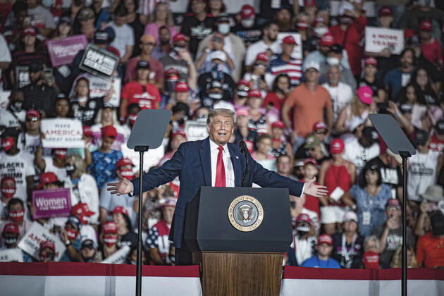 President Donald Trump speaks at a Make America Great Again event, Trump™s first campaign rally since contracting Covid 19 at Orlando Sanford International Airport, Florida, USA 12 Oct 2020 Orlando USA xWIXTRÖMxPETERx, Copyright: xWIXTRÖMxPETERx Donald Trump campaign rally