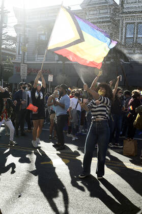 November 7, 2020, San Francisco, California, USA: San Francisco, California - Hundreds of San Franciscans held an impromptu street party in the Castro District Saturday after news agencies called the US presidential election for Joe Biden. San Francisco USA - ZUMAw332 20201107_zap_w332_016 Copyright: xNealxWatersx
