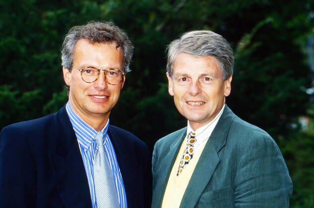 Klaus Peter Sieglich, Klaus Bresser Klaus Peter Sieglich und Klaus Bresser, deutsche Moderatoren beim ZDF in Mainz, Deutschland um 1988., Mainz Rheinland-Pfalz Deutschland