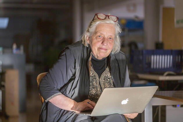 December 1, 2017, San Francisco, California, USA: Sandy Close, at the New American Media office, now closed, Friday Dec. 1, 2017 in San Francisco, CA. ..â€oeFor more than 45 years, Sandy Close brought the unlikeliest of voices into journalism, mentoring and publishing refugees from Vietnam and Afghanistan, incarcerated youth offenders, and young men who hustled drugs on the streets but knew their communities intimately. Now after more than 45 years, Pacific News Service and New American Media, the organizations she ran, are closing up shop, ending a media institution whose influence will continue to be felt through the scores of talented alumni working in journalism today. San Francisco USA - ZUMAk74_ 20171201_znp_k74_014 Copyright: xEricxKaynex
