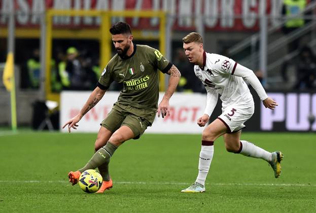 Foto IPP Paolo Bona Milano 10 02 2023 Campionato Serie A di Calcio stagione 2022 2023 Milan-Torino Nella foto Olivier Giroud e Perr Schuurs Italy Photo Press Worldwide Copyright