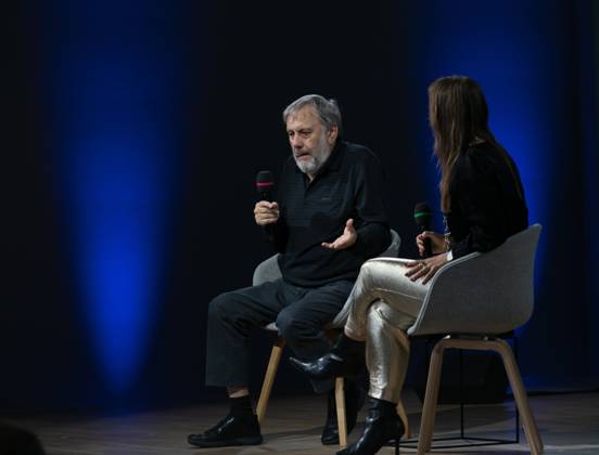 FRANKFURT AM MAIN, Germany - October 18 2023: Slavoj Žižek auf der 75. Frankfurter Buchmesse FRANKFURT AM MAIN, Germany - October 18 2023: Slavoj Žižek (*1949, ) auf der Bühne auf der 75. Frankfurter Buchmesse Copyright: xZoonar.com MarkusxWissmannx 20943765