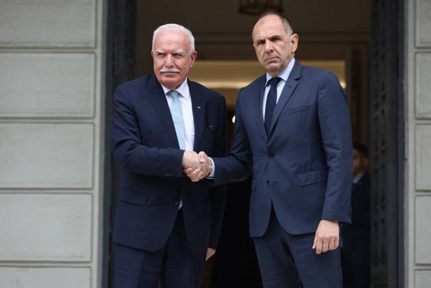 Greek Foreign Minister Giorgos Gerapetritis (R) welcomes the Palestinian Authority™s Foreign Minister Riyad al-Maliki (L) during their meeting in Athens, Greece, 15 February 2024. The Palestinian Authority™s foreign minister is in Athens on a working visit. IMAGO ONE INCH PRODUCTIONS ATHENS Greece Copyright: xOnexInchxProductionsx 6115431