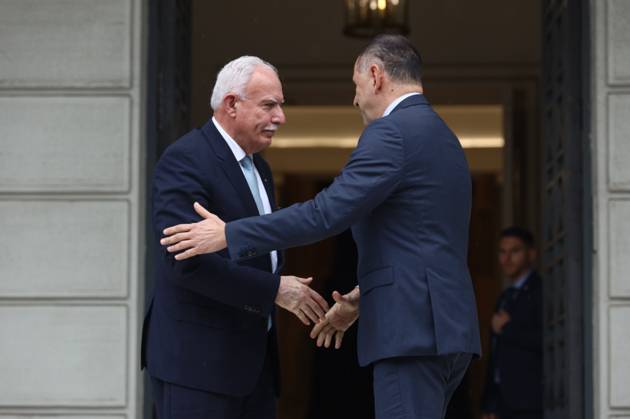 Greek Foreign Minister Giorgos Gerapetritis (R) welcomes the Palestinian Authority™s Foreign Minister Riyad al-Maliki (L) during their meeting in Athens, Greece, 15 February 2024. The Palestinian Authority™s foreign minister is in Athens on a working visit. IMAGO ONE INCH PRODUCTIONS ATHENS Greece Copyright: xOnexInchxProductionsx 6115435