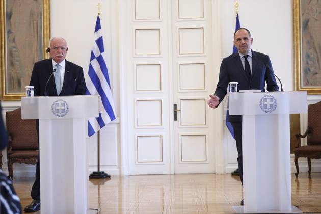 Greek Foreign Minister Giorgos Gerapetritis (R) welcomes the Palestinian Authority™s Foreign Minister Riyad al-Maliki (L) during their meeting in Athens, Greece, 15 February 2024. The Palestinian Authority™s foreign minister is in Athens on a working visit. IMAGO ONE INCH PRODUCTIONS ATHENS Greece Copyright: xOnexInchxProductionsx 6115751