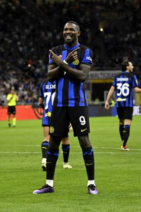 Foto IPP Paolo Bona Milano 14 04 2024 Campionato Serie A di Calcio stagione 2023 2024 partita Inter-Cagliari Nella foto Marcus Thuram esulta dopo il gol del 1-0 Italy Photo Press Worldwide Copyright