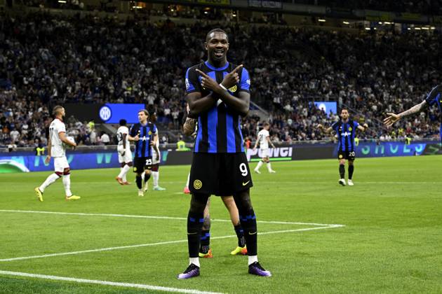 Foto IPP Paolo Bona Milano 14 04 2024 Campionato Serie A di Calcio stagione 2023 2024 partita Inter-Cagliari Nella foto Marcus Thuram esulta dopo il gol del 1-0 Italy Photo Press Worldwide Copyright