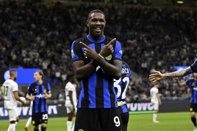 Foto IPP Paolo Bona Milano 14 04 2024 Campionato Serie A di Calcio stagione 2023 2024 partita Inter-Cagliari Nella foto Marcus Thuram esulta dopo il gol del 1-0 Italy Photo Press Worldwide Copyright