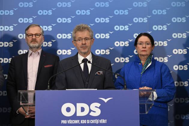 Czech Senate President Milos Vystrcil speaks at a press conference of Civic Democratic Party representatives on the results of the second round of the Senate elections at the ODS election headquarters, Prague, September 28, 2024. On the photo from left: PM Fiala, Milos Vystrcil and Senator Miroslava Nemcova. The second and final round of elections to one-third of the Senate, the upper house of parliament, continued in the Czech Republic today, on September 28, 2024, and voters will decide on 22 senators as five candidates were elected in the first round a week ago already. (CTKxPhoto MichalxKamaryt) CTKPhotoP2024092805145 CTKPhotoP2024092805145