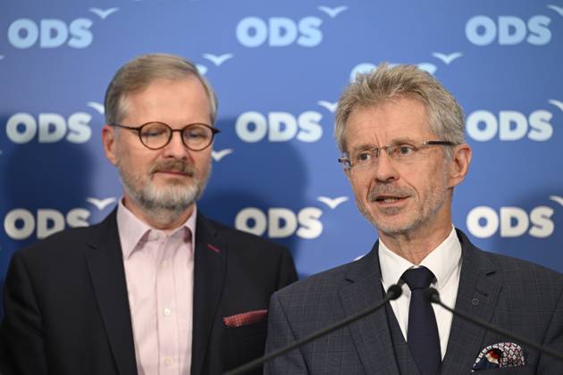 Czech Senate President Milos Vystrcil speaks at a press conference of Civic Democratic Party representatives on the results of the second round of the Senate elections at the ODS election headquarters, Prague, September 28, 2024. On the photo from left: PM Fiala and Milos Vystrcil. The second and final round of elections to one-third of the Senate, the upper house of parliament, continued in the Czech Republic today, on September 28, 2024, and voters will decide on 22 senators as five candidates were elected in the first round a week ago already. (CTKxPhoto MichalxKamaryt) CTKPhotoP2024092805160 CTKPhotoP2024092805160