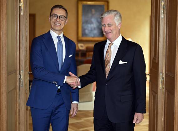 Finland s president Alexander Stubb and King Philippe - Filip of Belgium pose for the photographer during an audience of the Belgian King with Finnish s President Stubb, at the Royal Castle in Laken Laeken, Brussels, Tuesday 08 October 2024. ERICxLALMAND 102153388