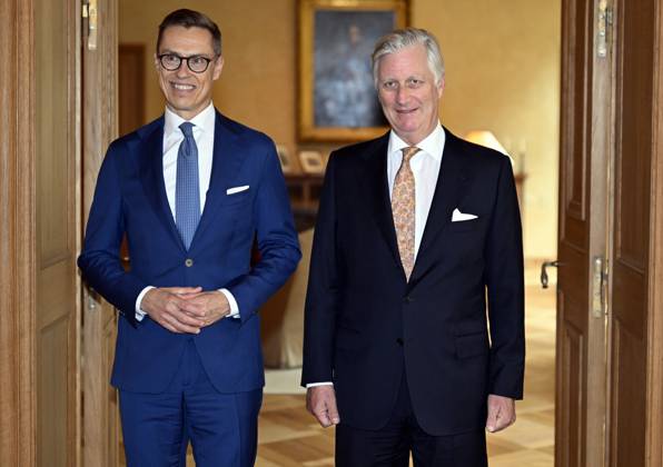 Finland s president Alexander Stubb and King Philippe - Filip of Belgium pose for the photographer during an audience of the Belgian King with Finnish s President Stubb, at the Royal Castle in Laken Laeken, Brussels, Tuesday 08 October 2024. ERICxLALMAND 102153396