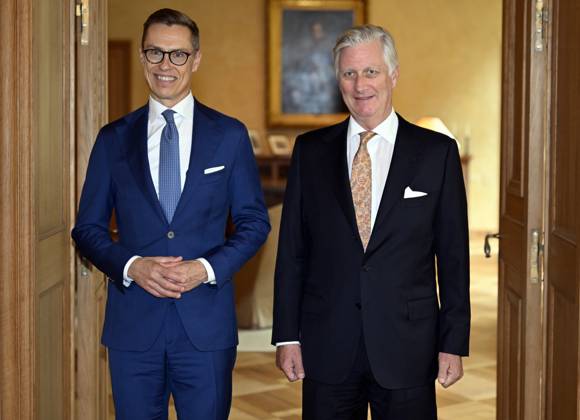 Finland s president Alexander Stubb and King Philippe - Filip of Belgium pose for the photographer during an audience of the Belgian King with Finnish s President Stubb, at the Royal Castle in Laken Laeken, Brussels, Tuesday 08 October 2024. ERICxLALMAND 102153400