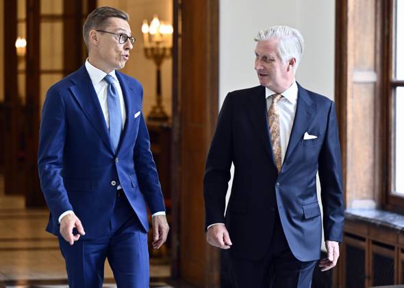 Finland s president Alexander Stubb and King Philippe - Filip of Belgium pictured during an audience of the Belgian King with Finnish s President Stubb, at the Royal Castle in Laken Laeken, Brussels, Tuesday 08 October 2024. ERICxLALMAND 102153426