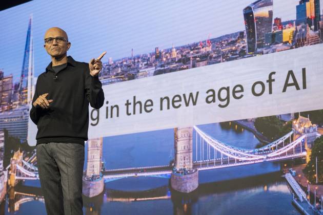 Microsoft AI Tour held at the London Hilton Microsoft AI Tour held at the London Hilton on Park Lane. Picture: Keynote speaker and Microsoft CEO Satya Nadella. 21.10.2024  Copyright: xLucyxYoungx NINTCHDBPICT000942602767