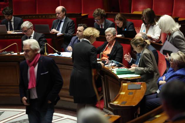 Paris, France le 28 octobre 2024 - Examen en seance publique du Budget de la Securite sociale pour 2025, le PLFSS - Public session examination of the Social Security Budget for 2025, the PLFSS Ici Genevieve Darrieussecq, ministre de la sante et de l acces aux soins, Paul Christophe, ministre des solidarites, de l autonomie et de l egalite entre les femmes et les hommes, Astrid Panosyan-Bouvet, ministre du travail et de l emploi, et Laurent Saint-Martin, ministre delegue charge du budget et des comptes publics et Frederic Valletoux Copyright: xSebastienxTOUBONx