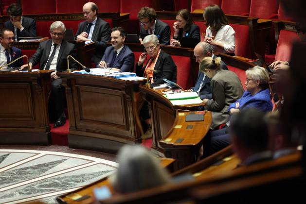 Paris, France le 28 octobre 2024 - Examen en seance publique du Budget de la Securite sociale pour 2025, le PLFSS - Public session examination of the Social Security Budget for 2025, the PLFSS Ici Genevieve Darrieussecq, ministre de la sante et de l acces aux soins, Paul Christophe, ministre des solidarites, de l autonomie et de l egalite entre les femmes et les hommes, Astrid Panosyan-Bouvet, ministre du travail et de l emploi, et Laurent Saint-Martin, ministre delegue charge du budget et des comptes publics et Frederic Valletoux Copyright: xSebastienxTOUBONx
