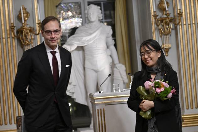 STOCKHOLM, SWEDEN 20241207 Mats Malm, Permanent President of the Swedish Academy, and Nobel Laureate in Literature Han Kang after this years Nobel Prize Lecture in Literature at the Swedish Academy on Saturday STOCKHOLM SWEDEN x10050x Copyright: xPontusxLundahl TTx NOBELFÖRELÄSNING LITTERATUR 2024 AUpiBR7Yny0
