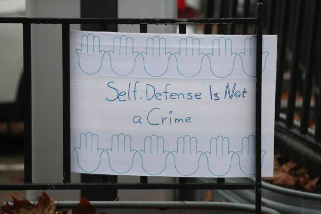 December 17, 2024, San Francisco, California, USA: A self-defense sign outside the courtroom before the Jury found Nima Momeni guilty for 2nd Degree Murder in his trial he was charged with murdering Tech executive Bob Lee, in San Francisco, California. Bob Lee, who created the mobile payment service Cash App, was murdered in the cityâ€⠢s downtown Rincon Hill neighborhood on April 4, 2023. San Francisco USA - ZUMAm117 20241217_zaf_m117_027 Copyright: xDavidxG.xMcIntyrex