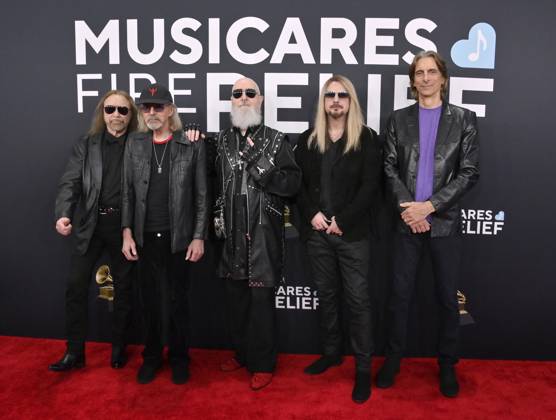 (L-R) Ian Hill, Glenn Tipton, Richie Faulkner Rob Halford and Scott Travis of Judas Priest arrive for the 67th Annual Grammy Awards at Crypto.com Arena in Los Angeles on February 2, 2025. The awards ceremony will honor the best recordings, compositions, and artists from September 16, 2023, to August 30. 2024, as chosen by the members of the Recording Academy.  LAP20250202343 JIMxRUYMEN