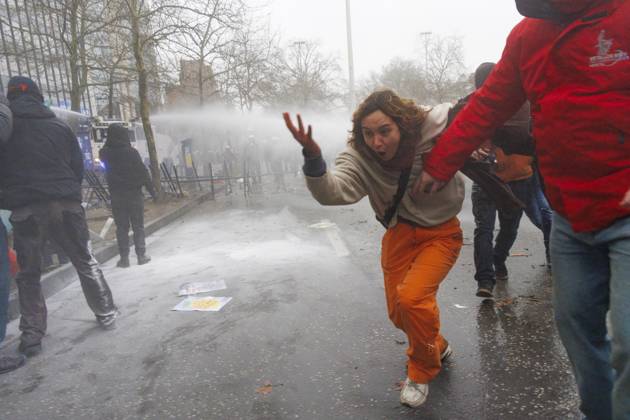 Protesters pictured during a national demonstration against the new government declaration, organized by the three national trade unions, Thursday 13 February 2025 in Brussels. NICOLASxMAETERLINCK 112365561
