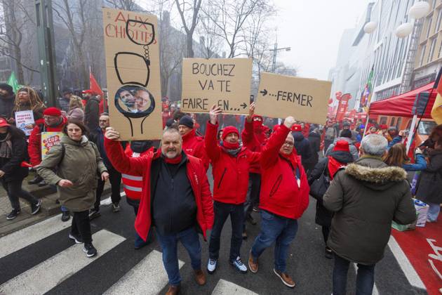 Protesters pictured during a national demonstration against the new government declaration, organized by the three national trade unions, Thursday 13 February 2025 in Brussels. NICOLASxMAETERLINCK 112369169