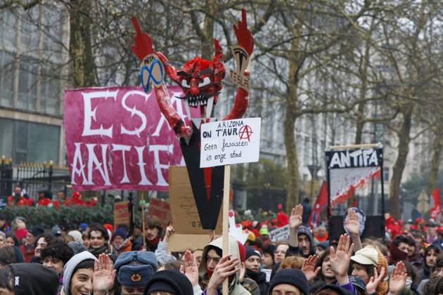 Protesters pictured during a national demonstration against the new government declaration, organized by the three national trade unions, Thursday 13 February 2025 in Brussels. NICOLASxMAETERLINCK 112369459