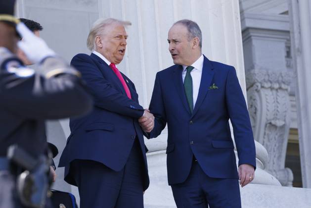 United States President Donald J Trump shakes hands with Micheal Martin, Taoiseach of Ireland, outside the Capitol Building after departing a reception, in Washington in Washington DC, on Wednesday, March 12, 2025 Credit: Aaron Schwartz CNP Washington District of Columbia United States of America EDITORIAL USE ONLY Copyright: xx ASCH46311 AaronxSchwartzx-xCNPx cnpphotos314392
