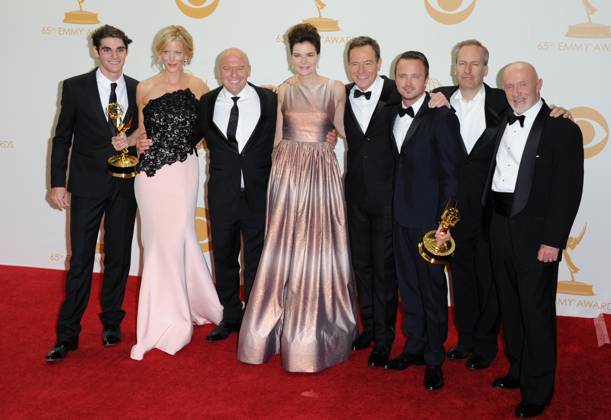 65th Annual Primetime Emmy Awards - Press Room Cast of Breaking Bad - RJ Mitte, Anna Gunn, Dean Norris, Jonathan Banks, Betsy Brandt, Bryan Cranston, Aaron Paul and Bob Odenkirk 65th Annual Primetime Emmy Awards - Press Room held at The Nokia Theatre L.A. Live in Los Angeles, California, England. September 22nd, 2013 pressroom award trophy winner full length black tuxedo dress silver blue winners trophies group shot lace strapless CAP DVS DVS Los Angeles California United States Copyright: xDVS CapitalxPicturesx
