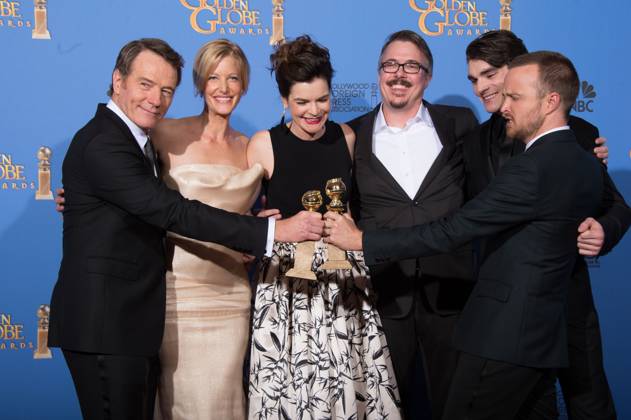 Golden Globes For BEST TELEVISION SERIES DRAMA, the Golden Globe is awarded to BREAKING BAD (AMC), produced by Sony Pictures Television. Bryan Cranston, Anna Gunn, Betsy Brandt, Vince Gilligan, RJ Mitte and Aaron Paul pose with the award backstage in the press room at the 71st Annual Golden Globe Awards at the Beverly Hilton in Beverly Hills, CA on Sunday, January 12, 2014. CAP HFPA HFPA BEVERLY HILLS CA USA Copyright: xCAP HFPAx
