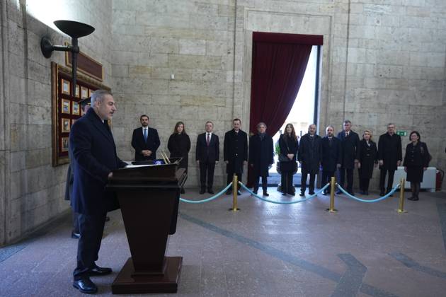 Turkish Foreign Minister Hakan Fidan ANKARA, TURKIYE - DECEMBER 9: Turkish Foreign Minister Hakan Fidan visits Anitkabir, the mausoleum of Turkish Republic s Founder Mustafa Kemal Ataturk, with Turkish ambassadors before the official opening ceremony of the 15th Ambassadors Conference in the capital Ankara, Turkiye on December 9, 2024. Ankara Turkey. Editorial use only. Please get in touch for any other usage. Copyright: x2025xAnadoluxMustafaxÇiftcix