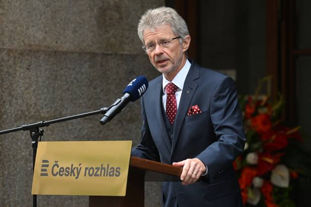Czech Senate President Milos Vystrcil speaks during the meeting to commemorate the 57th anniversary of occupation of Czechoslovakia by Warsaw Pact troops in front of Czech Radio building in Prague, Czech Republic, August 21, 2025. (CTKxPhoto MichaelaxRihova) CTKPhotoP2025082102877 CTKPhotoP2025082102877
