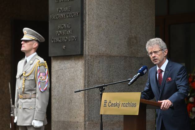 Czech Senate President Milos Vystrcil speaks during the meeting to commemorate the 57th anniversary of occupation of Czechoslovakia by Warsaw Pact troops in front of Czech Radio building in Prague, Czech Republic, August 21, 2025. (CTKxPhoto MichaelaxRihova) CTKPhotoP2025082102885 CTKPhotoP2025082102885