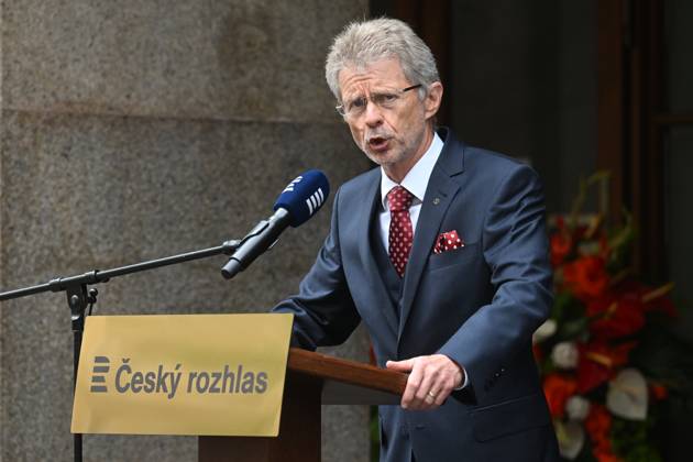 Czech Senate President Milos Vystrcil speaks during the meeting to commemorate the 57th anniversary of occupation of Czechoslovakia by Warsaw Pact troops in front of Czech Radio building in Prague, Czech Republic, August 21, 2025. (CTKxPhoto MichaelaxRihova) CTKPhotoP2025082102894 CTKPhotoP2025082102894